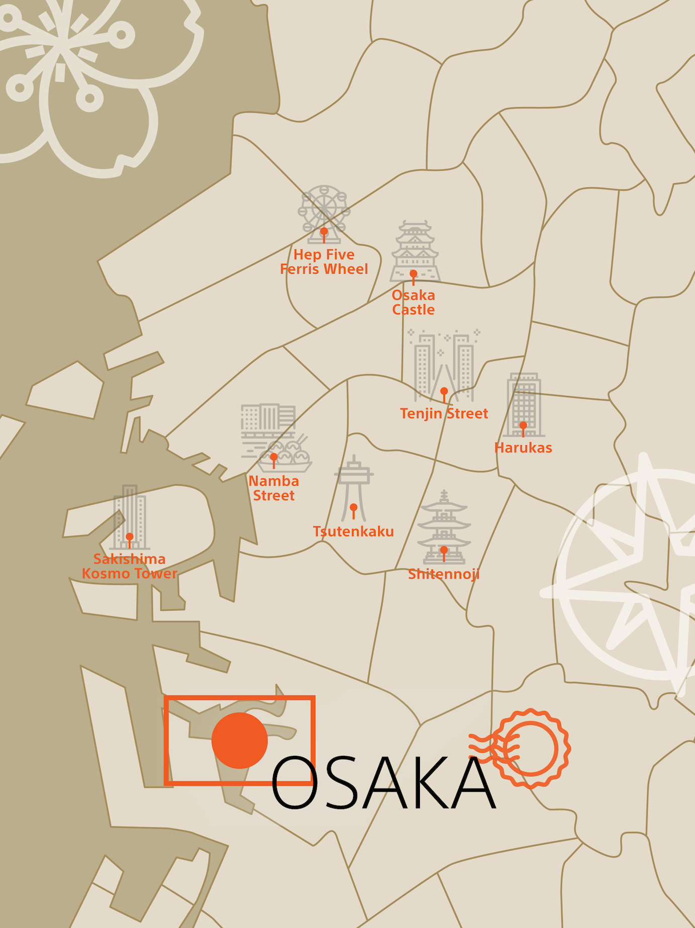 Map of Osaka with points of attraction and travel graphics